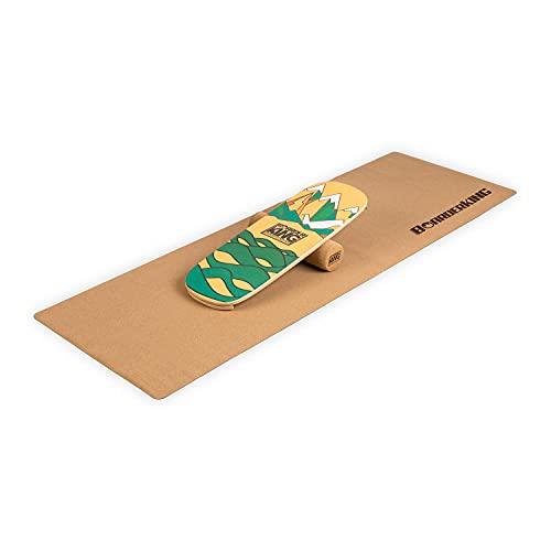BoarderKING Indoorboard Classic - Tabla de equilibrio, Forma de monopatín, Madera de arce, Recubierto de plástico, Con esterilla y rodillos de corcho, Topes desmontables, 27 x 5 x 75 cm, Verde