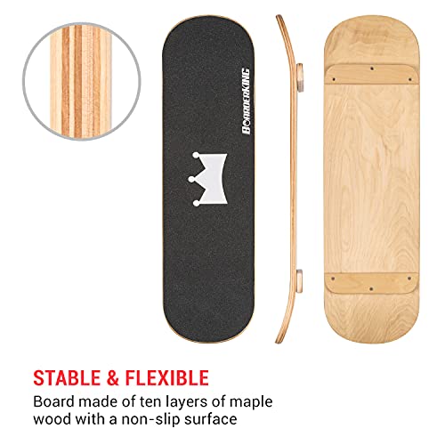 BoarderKING Indoorboard Skate - Tabla de Equilibrio, Forma monopatín, Madera Arce, Recubierto en plástico, con Esterilla y Rodillos de Corcho, Topes destornillables, Dimensiones 23 x 5 x 79 cm, Negro