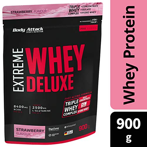 Body Attack Extreme Whey Deluxe, biscotti, proteina in polvere con aminoacidi e Triplo-Whey-Complex con Whey Isolate, a basso contenuto di zuccheri e di grassi, fragola da 900g, Made in Germany