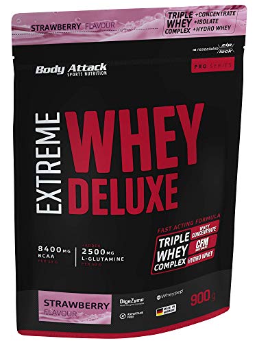 Body Attack Extreme Whey Deluxe, biscotti, proteina in polvere con aminoacidi e Triplo-Whey-Complex con Whey Isolate, a basso contenuto di zuccheri e di grassi, fragola da 900g, Made in Germany