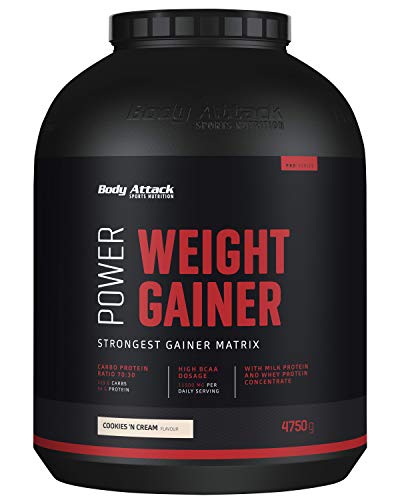 Body Attack Power Weight Gainer (aumento de peso), galletas y crema, 4,75 kg, 100% desarollo masa, carbohidrato- proteína en polvo para el aumento muscular con proteína de suero, ideal para Hardgainer