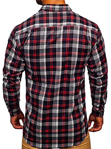 BOLF Hombre Camisa de Flanela a Rayas a Manga Larga Cuello Italiano Abotonada Camisa de Algodón versátil Camisa univeral Slim fit Shirt Ocio Outdoor Estilo Casual F2 Rojo XL [2B2]