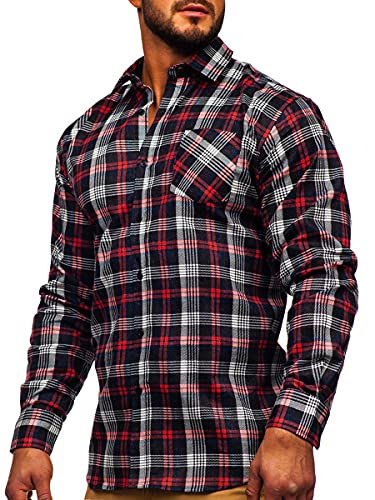 BOLF Hombre Camisa de Flanela a Rayas a Manga Larga Cuello Italiano Abotonada Camisa de Algodón versátil Camisa univeral Slim fit Shirt Ocio Outdoor Estilo Casual F2 Rojo XL [2B2]