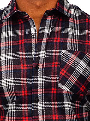 BOLF Hombre Camisa de Flanela a Rayas a Manga Larga Cuello Italiano Abotonada Camisa de Algodón versátil Camisa univeral Slim fit Shirt Ocio Outdoor Estilo Casual F2 Rojo XL [2B2]