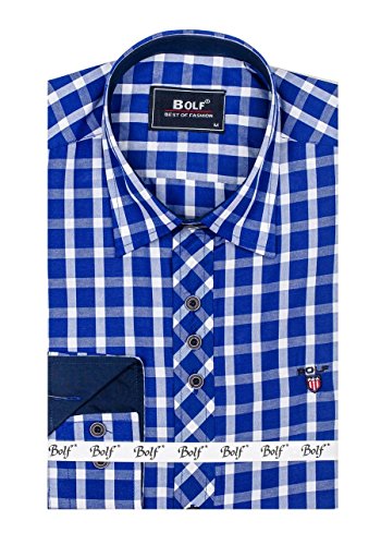 BOLF Hombre Camisa De Manga Larga Cuello Italiano Camisa de Algodón Slim fit Estilo Casual 4747 Azul Medio L [2B2]