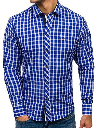BOLF Hombre Camisa De Manga Larga Cuello Italiano Camisa de Algodón Slim fit Estilo Casual 4747 Azul Medio L [2B2]