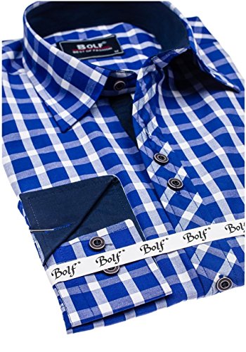 BOLF Hombre Camisa De Manga Larga Cuello Italiano Camisa de Algodón Slim fit Estilo Casual 4747 Azul Medio L [2B2]