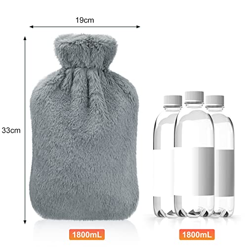 Bolsa de Agua Caliente de 1,8L, Dawdix Botellas de Agua Caliente con Suave Felpa Funda, Hot Water Bottle, bolsa agua caliente, mejor regalo (Gris oscuro)