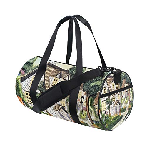 Bolsa de gimnasio de arcilla pintada a mano, estilo Old Village, para mujeres, hombres, viajes, deportes, campamento, danza