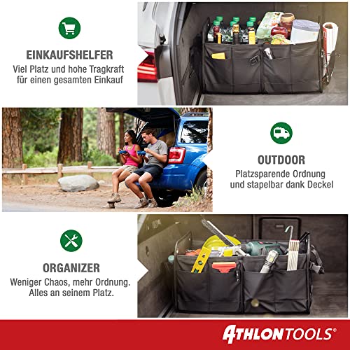 Bolsa de maletero prémium con tapa ATHLON TOOLS; sello de calidad 06/2020 - notable; organizador de maletero XXL de 60 litros; base extraestable e impermeable; con cierre de tiras antideslizante