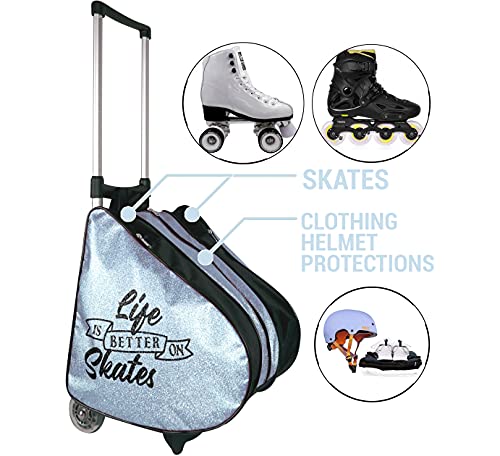 Bolsa Patines Niña 4 Ruedas en Paralelo y en Linea - Mochila en Purpurina 3 Compartimentos para Guardar el Material Casco Rodilleras Ropa Deportiva - Adaptador para Stroller Carrito Niños y Adultos