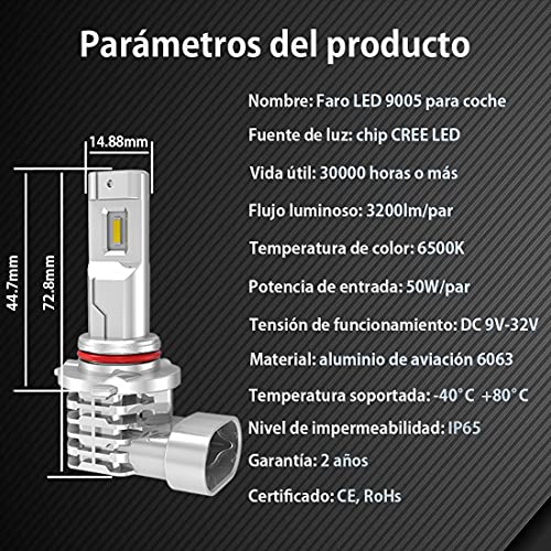 Bombilla 9005/HB3 LED Coche, 6500K Blanca Luces CREE Chip Todo en uno Luz Lampara, DC 12V-24V Faro e DRL de Reemplazo, 1 Par. [Garantía de 2 años]