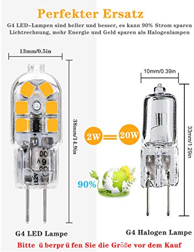 Bombilla LED G4 12 V AC/DC,1.5W Blanco Calido 3000K,Equivalente 15W Halógena Lampara,G4 Base Bi-Pin,Tipo JC,100LM Sin Parpadeo,Ahorro de Energía,No Regulable,360 Grados(10 paquetes)