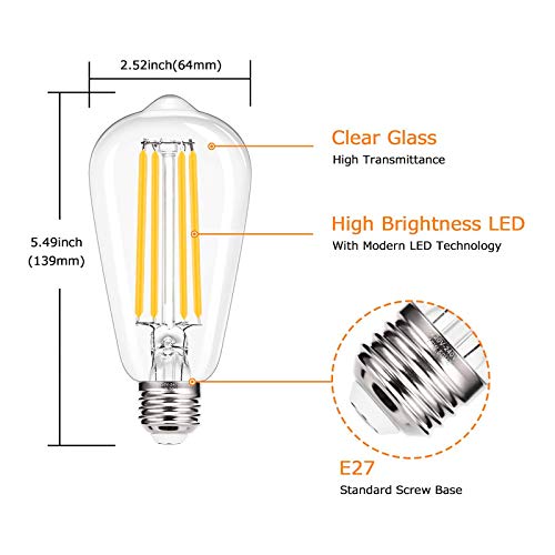 Bombillas de Filamento ST64 LED E27, LOHAS 15W Equivalente a 140W, 1500LM, Blanco Cálido 2700K, Ángulo de Haz de 330 Grados, 240V, Bombilla Retro Vintage, No Regulable, Paquete de 3 Unidades