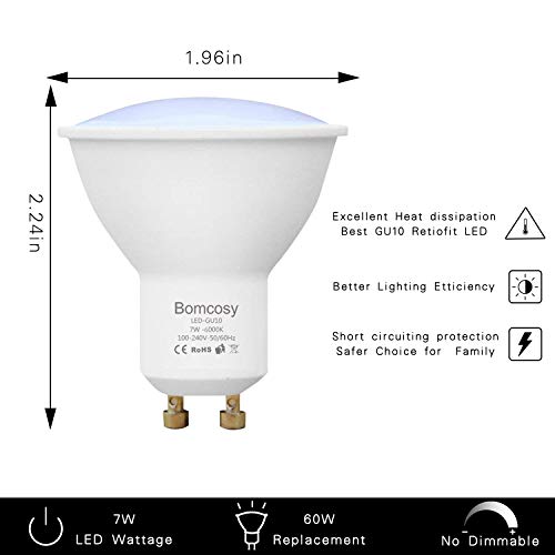 Bombillas LED, GU10 7w Equivalente 60W Halógena, 6000K Blanco Frío, 600Lm, 120 Degree ángulo AC 220-240V, Pack de 10