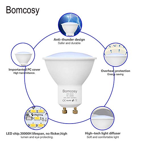 Bombillas LED, GU10 7w Equivalente 60W Halógena, 6000K Blanco Frío, 600Lm, 120 Degree ángulo AC 220-240V, Pack de 10