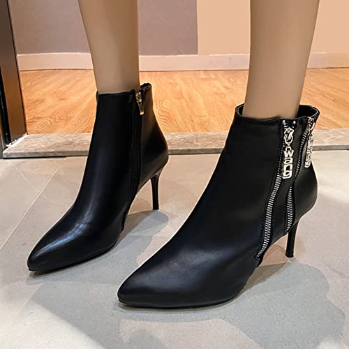 Botas cortas para mujer, decoración de doble cremallera, elegantes botines de punta puntiaguda, botines de felpa cálidos para Otoño Invierno, botines de tacón de aguja