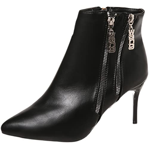 Botas cortas para mujer, decoración de doble cremallera, elegantes botines de punta puntiaguda, botines de felpa cálidos para Otoño Invierno, botines de tacón de aguja