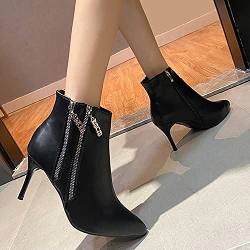 Botas cortas para mujer, decoración de doble cremallera, elegantes botines de punta puntiaguda, botines de felpa cálidos para Otoño Invierno, botines de tacón de aguja