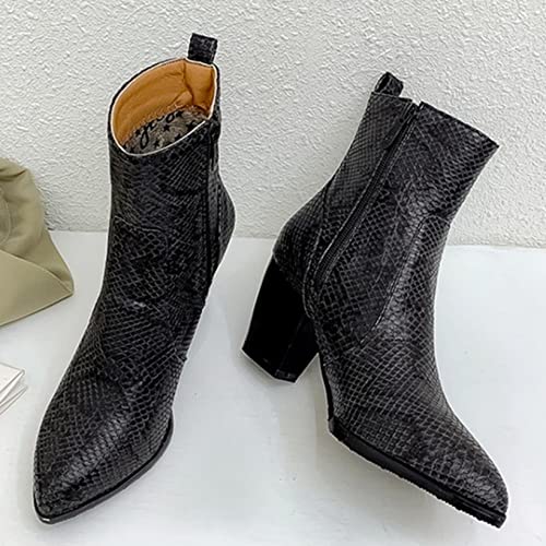 Botas cortas para mujer Moda con estampado de serpiente Punta puntiaguda Botines de cuero Pu Casual Tacón grueso Botines forrados de felpa