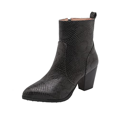 Botas cortas para mujer Moda con estampado de serpiente Punta puntiaguda Botines de cuero Pu Casual Tacón grueso Botines forrados de felpa