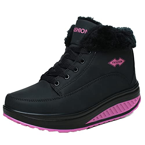 Botas de invierno para mujer con forro de piel sintética, tacón de cuña con cordones, uso diario, zapatos deportivos ligeros impermeables para el hogar de corte bajo