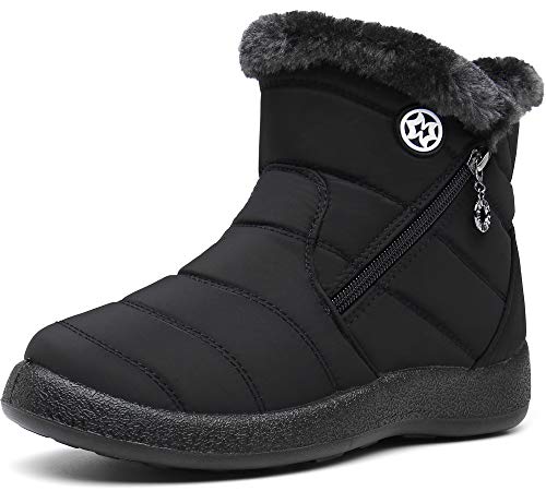 Botas para Mujer Botines de Invierno Forradas con Pelo Botas de Nieve Antideslizante Zapatos Outdoor Ligero Negro 39 EU