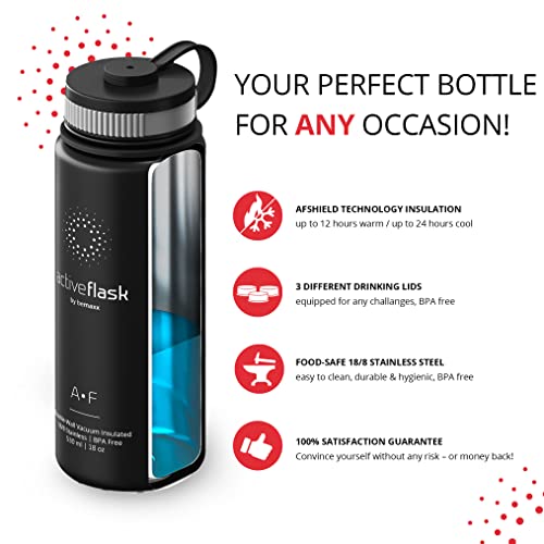 Botella de Agua Térmica Active Flask + Pajita (3 Tapones) sin BPA - 1l & 500ml | Frasco Termo de Acero Inoxidable + Aislamiento Vacío | Cantimplora Aislada Bicicleta Deporte Caliente Fría Café Té