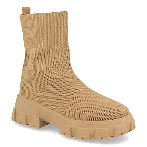 Botin de Mujer con Plataforma, Suela Dentada, Material Elastico, y Cierre de Ajuste, Otono Invierno 2021. Talla 40 Camel