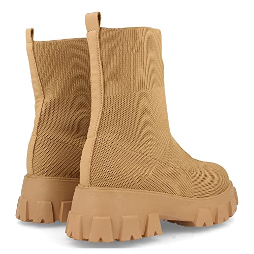 Botin de Mujer con Plataforma, Suela Dentada, Material Elastico, y Cierre de Ajuste, Otono Invierno 2021. Talla 40 Camel