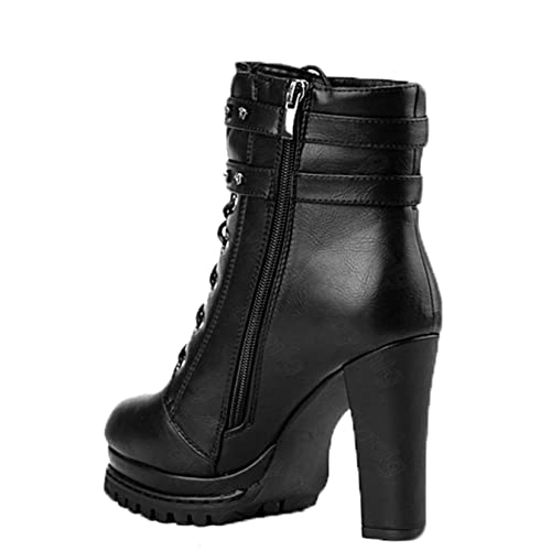 Botines de mujer de moda botines de plataforma con hebilla cruzada Otoño Invierno punta redonda botas cortas de tacón grueso negro