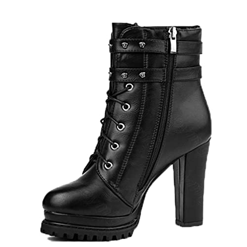 Botines de mujer de moda botines de plataforma con hebilla cruzada Otoño Invierno punta redonda botas cortas de tacón grueso negro