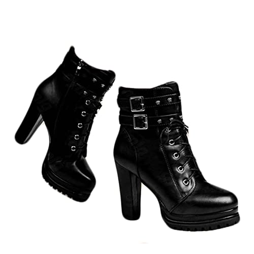 Botines de mujer de moda botines de plataforma con hebilla cruzada Otoño Invierno punta redonda botas cortas de tacón grueso negro