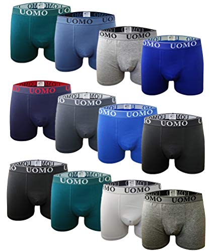 Boxers de Algodón Ajustados Clásicos de Colores Lisos, Cómodos y Suaves. Pack de 12 Calzoncillos. Colección UOMO (Talla L)