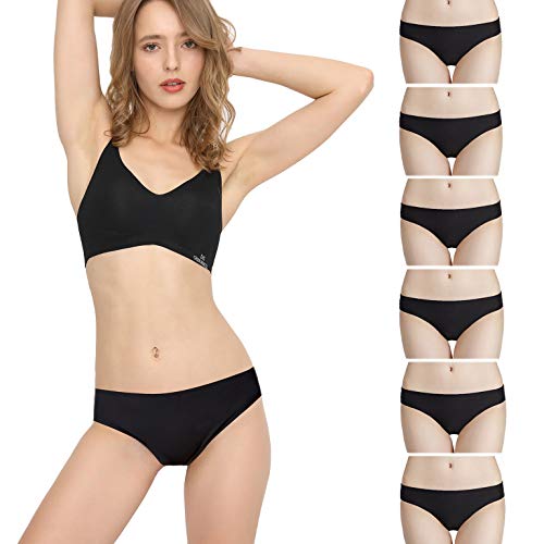 Bragas Mujer sin Costuras Invisible Señoras Braguitas Low Rise Suave Ligera Bikini Braguitas, Pack de 6 Negro M