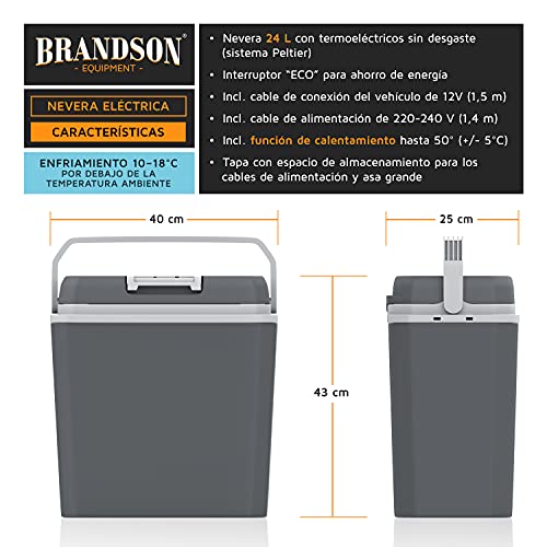 Brandson – Nevera eléctrica portátil de coche 24 litros - 12v o 220v - Enfriamiento 18° por debajo de la temperatura ambiente - Calentamiento hasta 50° - Ahorro de energía - Para camping picnic viajes