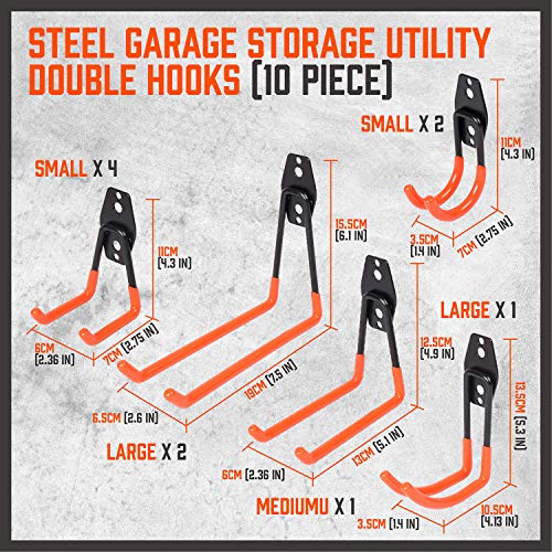 BRIMIX 10 Ganchos doble de pared universal con revestimiento antideslizante para garaje, trastero y almacén. Soporte fuerte para colgar y organizar herramientas, bicicleta, escalera, objetos pesados