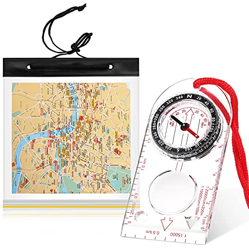 Brújula de Navegación con Estuche Impermeable de Mapa Brújula de Orientación Brújula Boy Scout Regla de Mapa Bolsa Caja de Mapa Impermeable de PVC Transparente Soporte de Mapa de Senderismo