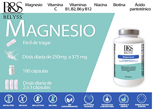 B&S BELYSS - Suplemento Alimenticio de Magnesio y Vitaminas para el Cansancio | Bisglicinato de Magnesio con Vitamina B12 Vitamina B6 y Vitamina C - 180 Cápsulas
