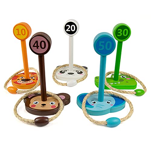 Budding Bear Juego Lanzar Anillas Diseño Animales - Juegos al Aire Libre para Niños y Niñas 3+ Años - Juego de Jardín Familiar Quoits Cuerda - 100% de Madera Natural Ecológica – Interiores, Exteriores