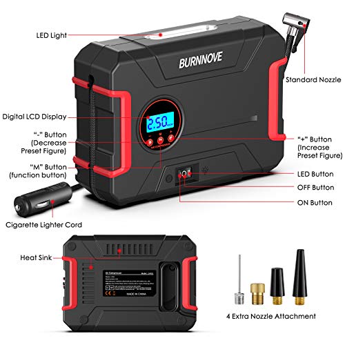 BURNNOVE Compresores de Aire Portátiles Bomba de Aire Eléctrico 12V 120PSI Digital Inflador de Neumáticos con Pantalla LCD y Luz LED, para Motos Bicicletas Coches Globos