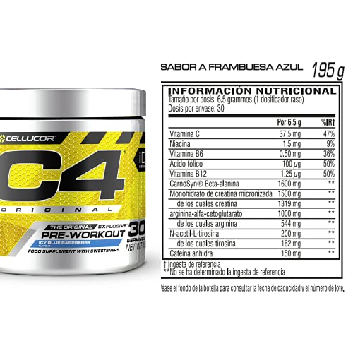 C4 Original - Suplemento en polvo para preentrenamiento - Frambuesa azul | Bebida energética para antes de entrenar | 150 mg de cafeína + beta alanina + monohidrato de creatina | 30 raciones