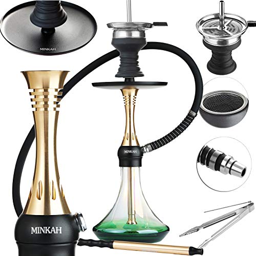 Cachimba Shisha con Boquillas Cazoleta Manguera de Silicona Pinzas, Último Pequeño 50cm Pequeña Cachimbas de Vidrio Hookah Buenas Narguile Completo Dorado Verde