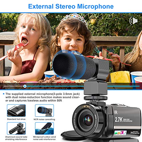 Cámara de vídeo de 2,7 K 36 MP Zoom Digital 16X visión Nocturna infrarroja Pantalla táctil de 3 Pulgadas IPS videocámara de vídeo con micrófono Parasol y Soporte para cámara