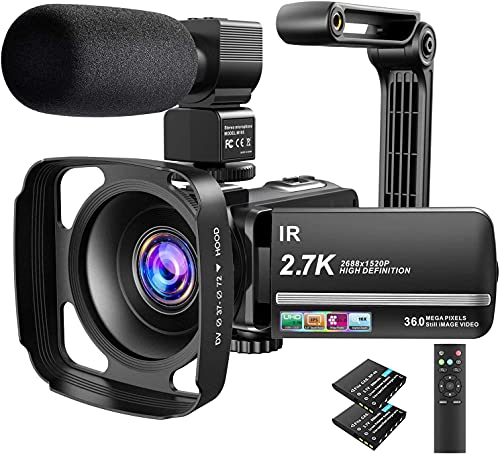 Cámara de vídeo de 2,7 K 36 MP Zoom Digital 16X visión Nocturna infrarroja Pantalla táctil de 3 Pulgadas IPS videocámara de vídeo con micrófono Parasol y Soporte para cámara