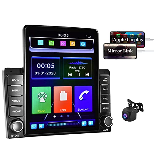 CAMECHO 2 DIN Radio de Coche Carplay 9.5 '' Pantalla Vertical HD 1080P Coche MP5 Player con Enlace Espejo Radio FM Bluetooth, Soporte USB/AUX/subwoofer Salida Carro estéreo + Trasero AHD Cámara