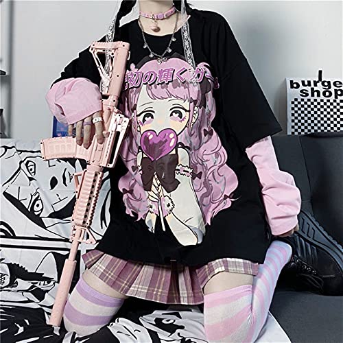 Camiseta de mujer Harajuku de dos piezas falsas con mangas largas Kawaii JK Girl Print Korean pop Streetwear casual Tops Tees