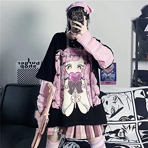 Camiseta de mujer Harajuku de dos piezas falsas con mangas largas Kawaii JK Girl Print Korean pop Streetwear casual Tops Tees