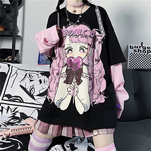 Camiseta de mujer Harajuku de dos piezas falsas con mangas largas Kawaii JK Girl Print Korean pop Streetwear casual Tops Tees