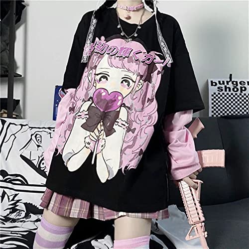 Camiseta de mujer Harajuku de dos piezas falsas con mangas largas Kawaii JK Girl Print Korean pop Streetwear casual Tops Tees